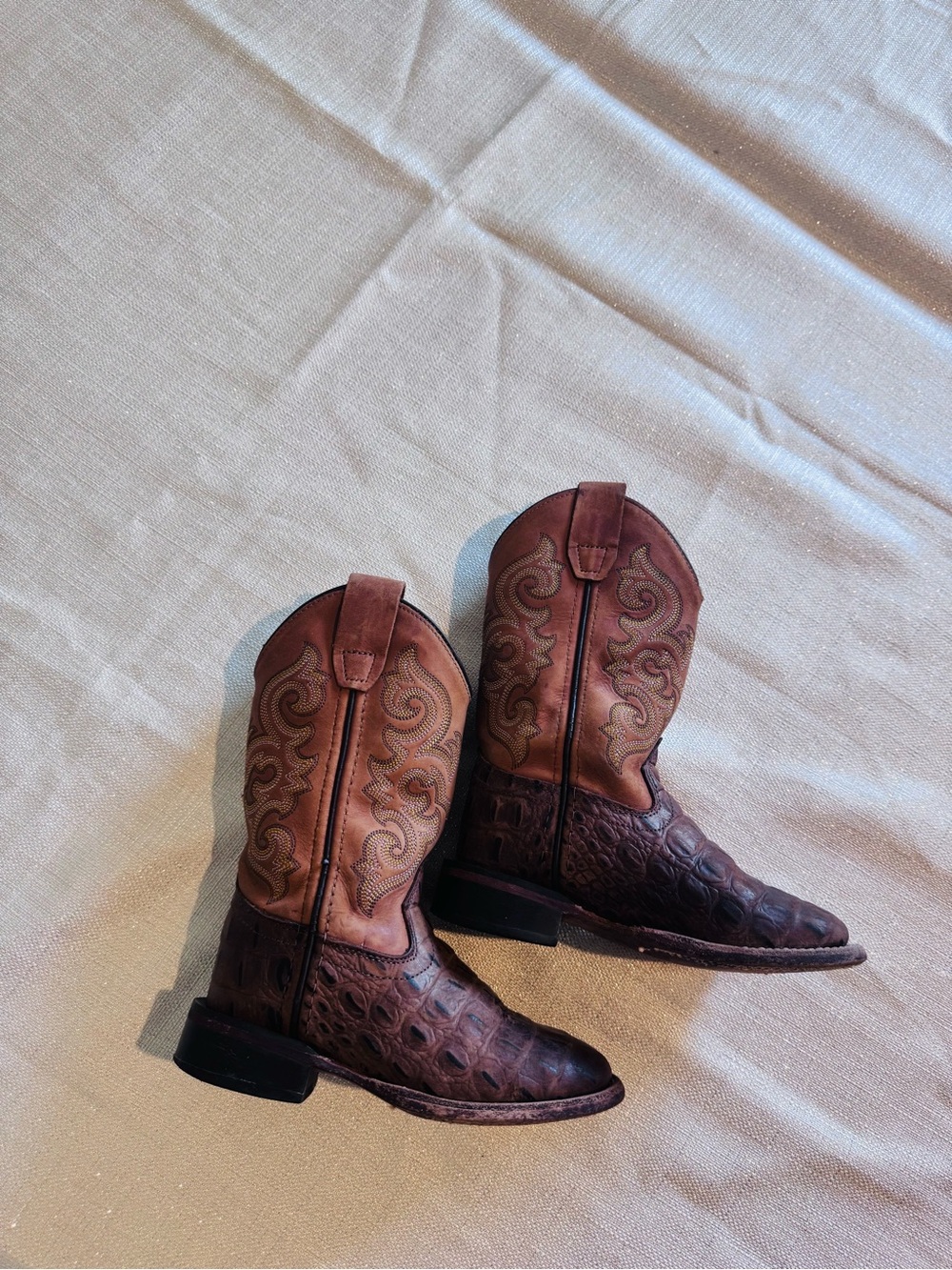 Kids Two-Tone Brown Western Cowboy Boots with Embossed Leather